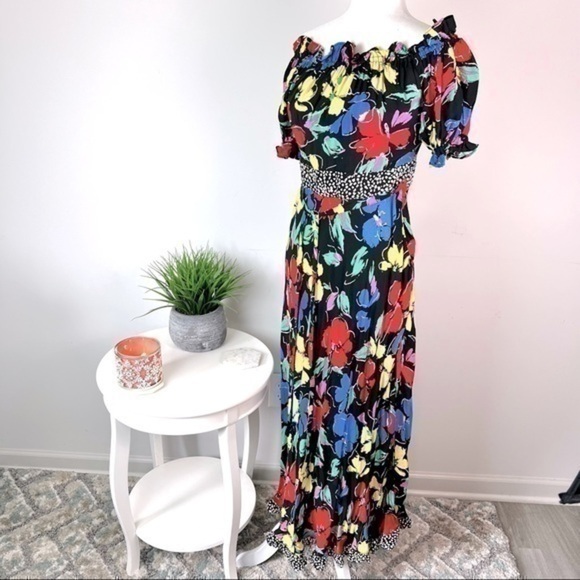 RIXO WOMENS BLACK FLORAL MAXI DRESS OFF THE SHOULDER size 2 - Picture 1 of 14